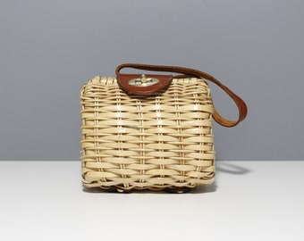 Small Vintage Basket Purse 1970s Wicker Leather Handbag