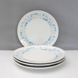 4 Vintage Royal China Blue Heaven Dinner Plates Mid Century Modern Atomic