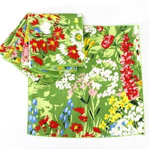 6 Vintage Floral Cotton Napkins Flowers Pink Yellow Green Blue White Mid Century