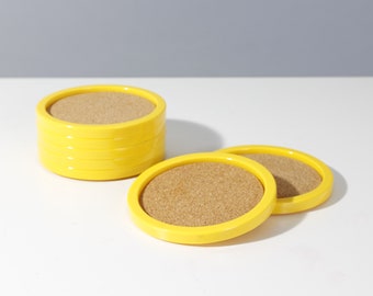 7 Vintage InterDesign Coasters Yellow Plastic and Cork Round Barware Post Modern