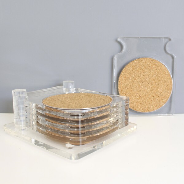 6 Vintage Lucite Coasters with Caddy Mid Century Modern