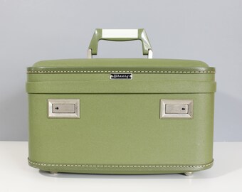 Vintage Wheary Hardshell Train Case Avocado Green Suitcase Luggage Makeup Cosmetic Travel Case Mid Century