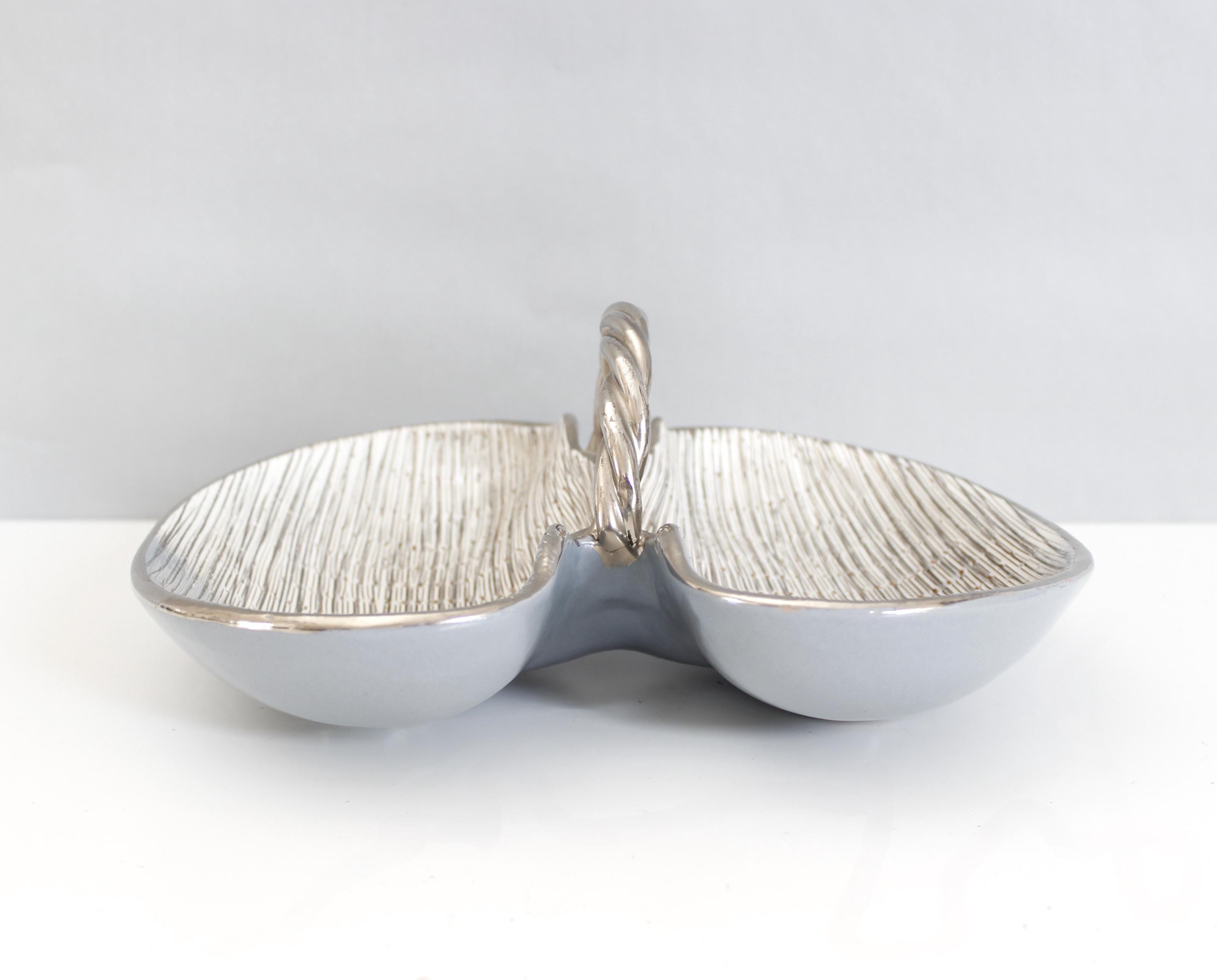 Vintage Bitossi Seta Ceramic Basket or Bowl With Handle Silver