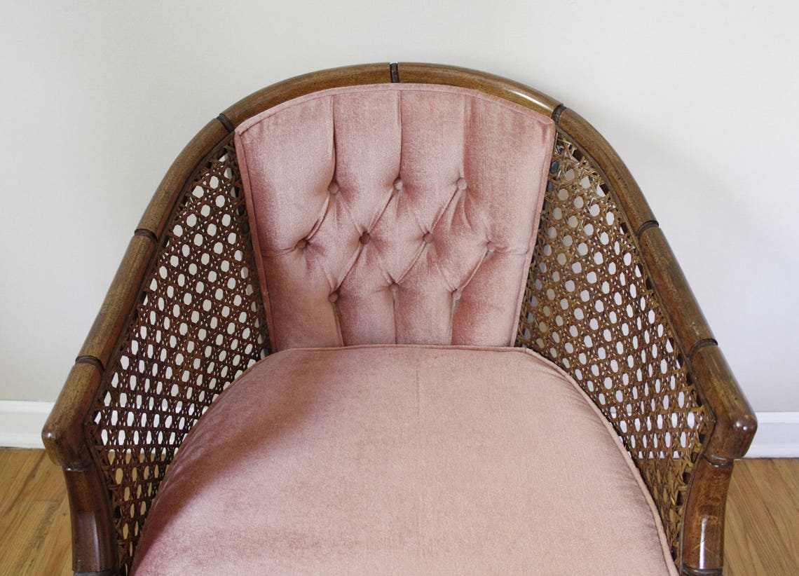 RESERVED Mid Century Cane & Blush Velvet Barrel Back Chair Etsy