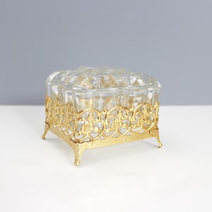 Vintage Glass & Brass Vanity Box Jewelry Box Ornate Filigree Trinket Dresser Box Mid Century