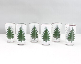 6 Culver Christmas Tree Needlepoint Tumblers Highball Glasses Mid Century Barware