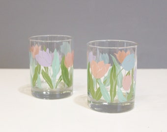 2 Vintage Tulip Lowball Drinking Glasses Pastel Flowers Spring