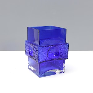 Vintage Sea Glasbruk Sweden Glass Vase Blue Square Block Vase