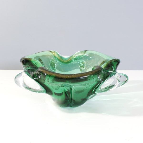 Murano Green and Gold Flake Glass Bowl or Ashtray Mid Century