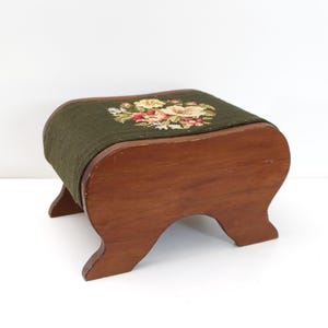 Antique Handmade Upholstered Foot Stool Floral Needlepoint Rustic Wood Green Flowers Footstool