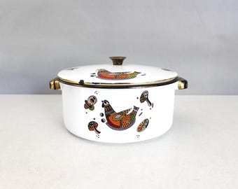 Georges Briard Enamel Dutch Oven Chicken in a Pot Mushrooms Mid Century