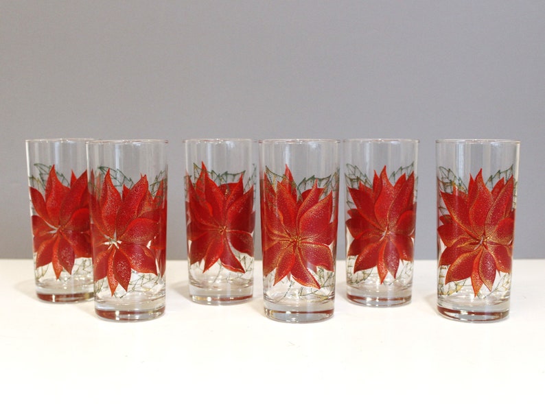 6 Culver Poinsettia Tumblers Highball Glasses Mid Century Barware Christmas image 1