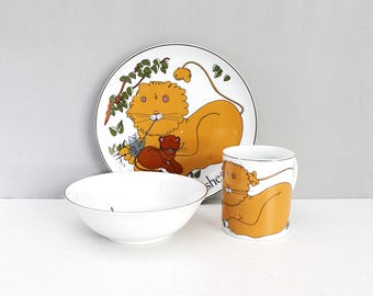 Vintage Taste Setter Sigma Animal Antics 3 Piece Place Setting Lion Mug Bowl Plate Sandy Traub 1980s