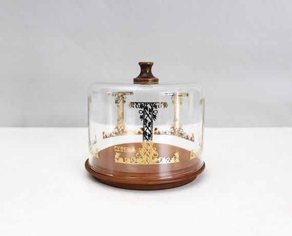 Vintage Pyrex Cheese Server Glass Dome Gold Wood Mid Century - Etsy