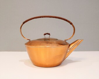 Vintage Copper Tea Pot with Wicker Wrapped Handle Modernist