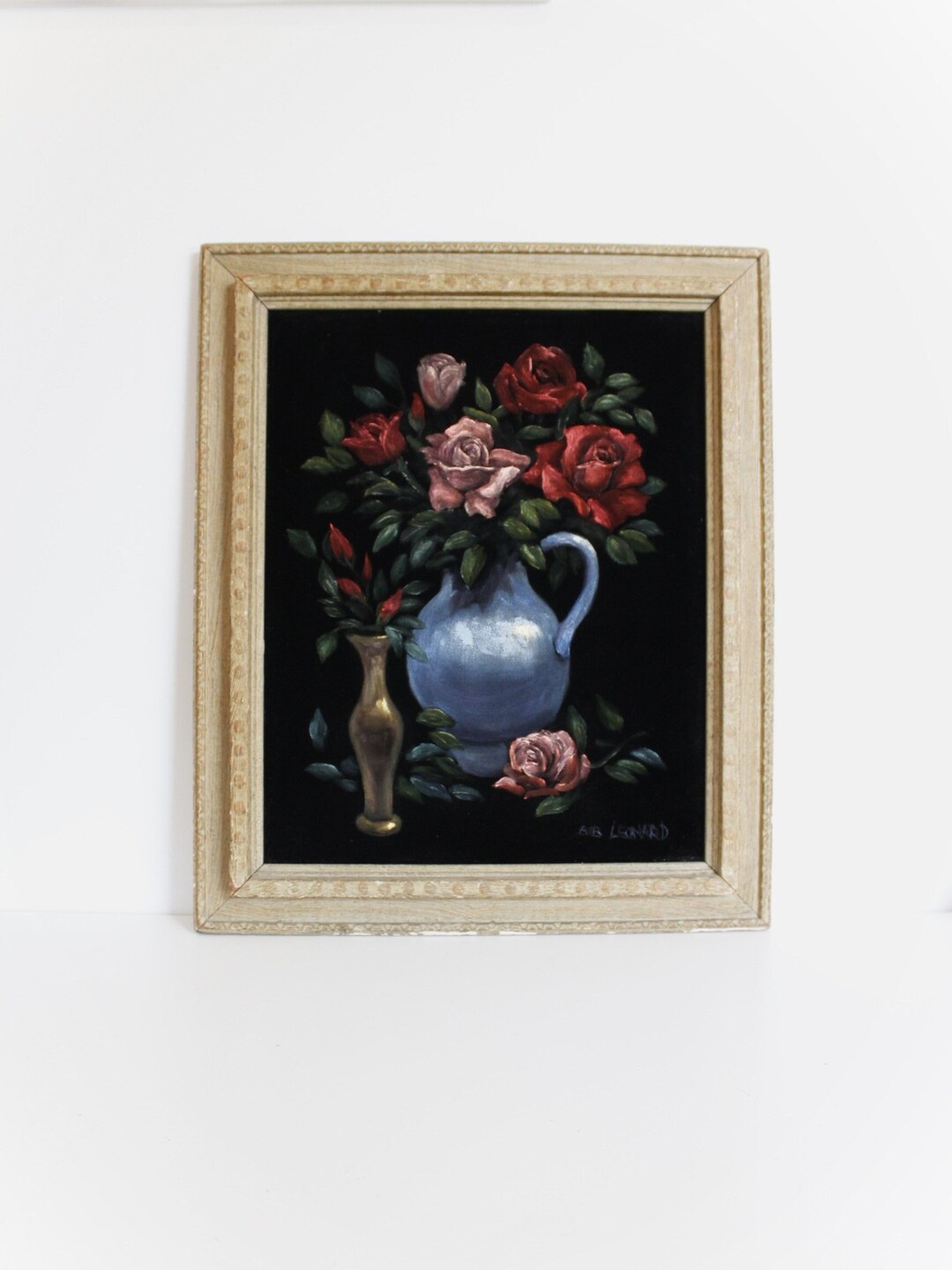絵画 oil painting on black velvet ( flowers ) Vintage Black Velvet Still Life Painting Roses in Vases Pink