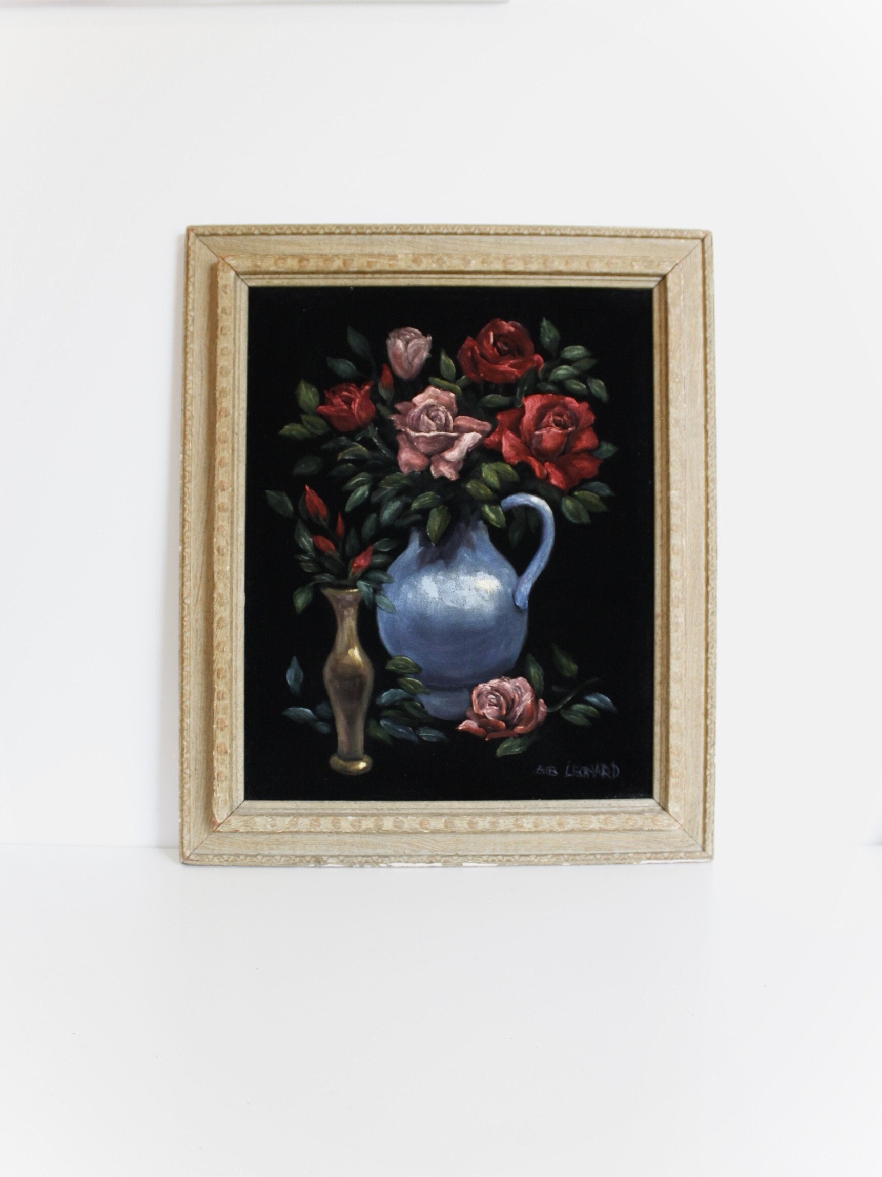 Vintage Black Velvet Still Life Painting Roses in Vases Pink