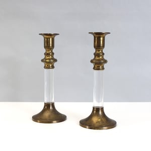 2 Vintage Brass & Acrylic Candlesticks Candle Holders Mid Century