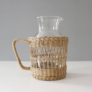 Vintage Wicker & Glass Serving Pitcher Mid Century Boho