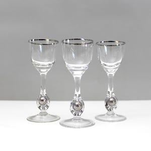 3 Jozef Stanik Platinum Ball Crystal Cordial or Schnapps Glasses Mid Century Czechoslovakia Stemware