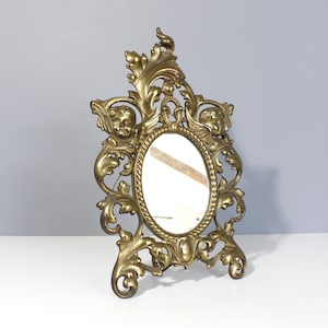 Antique Ornate Brass Wall or Table Mirror Gold Art Nouveau Oval
