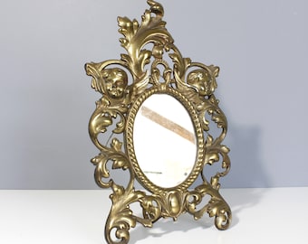 Antique Ornate Brass Wall or Table Mirror Gold Art Nouveau Oval