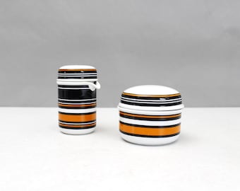 Vintage Thomas Germany Scandic Viking Cream & Sugar Set Mid Century Black Orange White Stripes Creamer Sugar Bowl