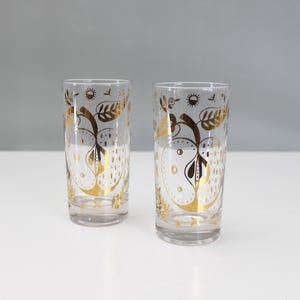 2 Georges Briard Forbidden Fruit Glasses Gold Mid Century Highball Cocktail Glasses Tumblers