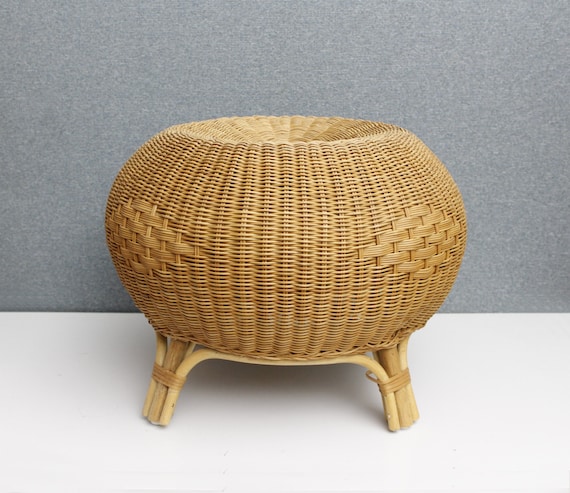 Reserved Vintage Wicker Rattan Foot Stool Ottoman Round Boho Rattan Foot Stool Ottoman Round Boho, Wicker Footstool Round