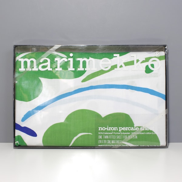 2 Available - Vintage Marimekko Finland Onni Twin Fitted Sheet New in Package Fujiwo Ishimoto Flowers Green Blue