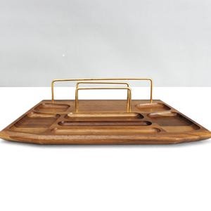 Vintage Wood & Brass Desk Organizer or Dresser Valet Tray Jewelry Tray Catch All Mid Century Walnut