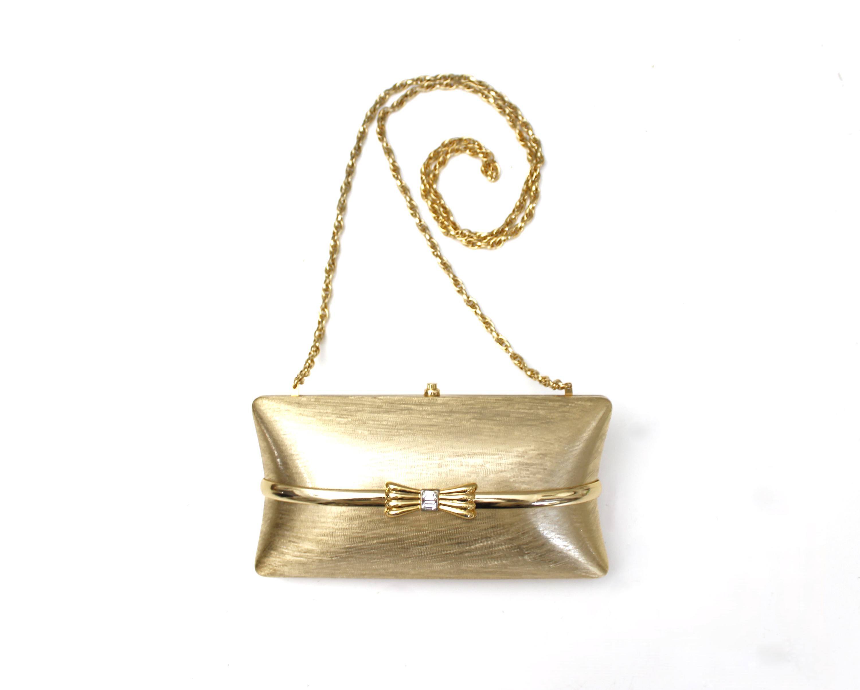 Vintage Rodo Italy Gold Metal Clutch Handbag Clamshell Purse Evening Bag Rhinestone Bow Minaudiere Etsy