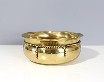 Vintage Hammered Brass Bowl Planter with Rope Detail Mid Century Hollywood Regency