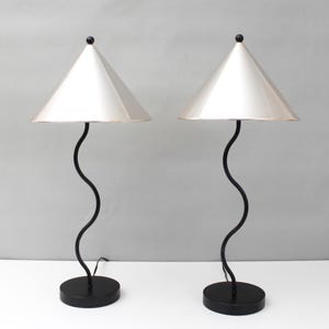 2 Post Modern Squiggle Lamps Black Table Lamps Silver Cone Shades Memphis