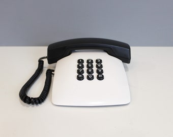 Vintage White & Black Push Button Telephone Modernist Phone 1990s