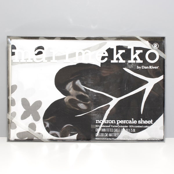 Vintage Marimekko Finland Onni Twin Fitted Sheet New in Package Fujiwo Ishimoto Flowers Black White Gray