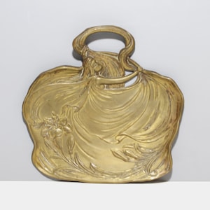 Antique Brass Crumb Catcher Tray Art Nouveau Woman Flower