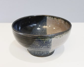 Vintage Ceramic Studio Pottery Bowl Black Blue Pink Handmade Footed