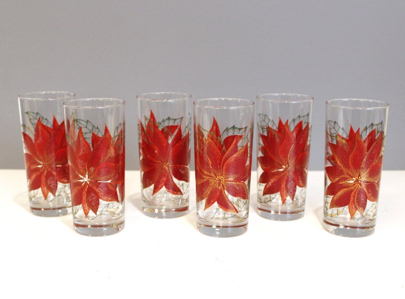 6 Culver Poinsettia Tumblers Highball Glasses Mid Century Barware Christmas image 2