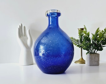 Vintage Bubble Glass Hand Blown Blue Vase - Murano Cobalt Blue Glass Decanter Bottle - Modern Art Glass MCM