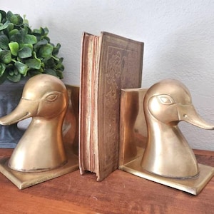 Large Vintage Brass Duck Bookends Rare - Rustic Cabin Home decor - Lakehouse Brass Duck Head Bookends
