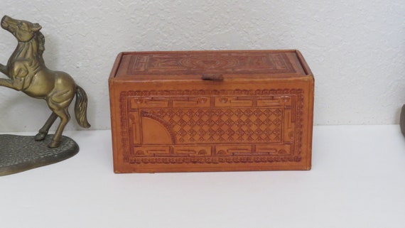 Vintage Tooled Leather Jewelry Box Case - Aztec To