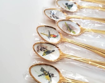 Vintage Gold Plated Bird Spoons Japan Rare set of 12 NOS Spoon Collection