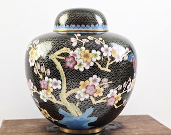 Vintage Chinese Cloisonne ginger jar prunus blossom - Mid century Brass Cloisonne lidded vase Asian motif