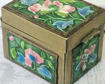 Antique Chinese Cloisonne Brass Stamp Box Holder Desk - Floral  Cloisonne box