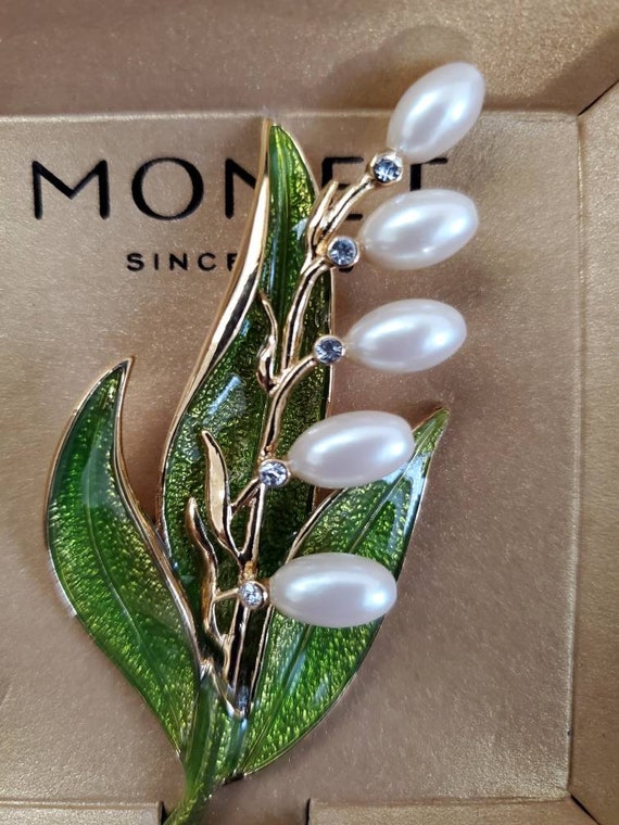 Vintage Monet Enamel Lily of the Valley Pearl Bro… - image 7