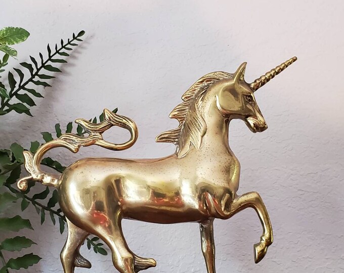 Vintage 70's Large Brass Unicorn Statue on Base Mythological Creatures