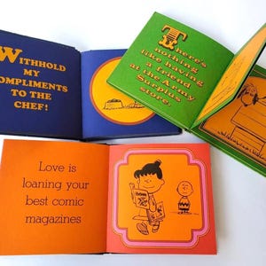 May include: A collection of open, colorful comic books with text and illustrations. The books feature quotes like "Withhold my compliments to the chef!" and "Love is loaning your best comic magazines." The illustrations include Snoopy and Charlie Brown.
