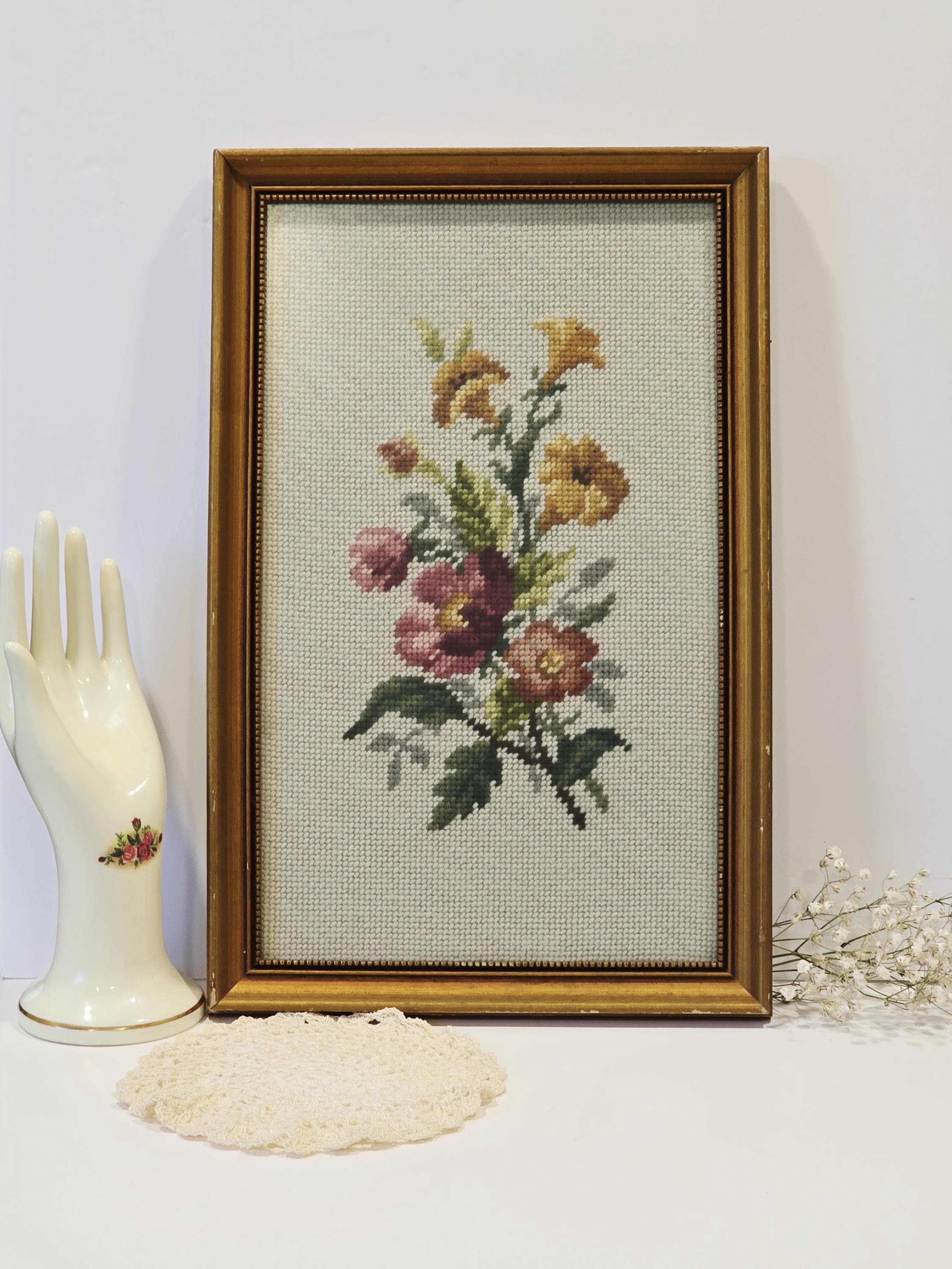 Vintage Framed Floral Needlepoint Wall Hanging - Needlepoint Art Framed ...