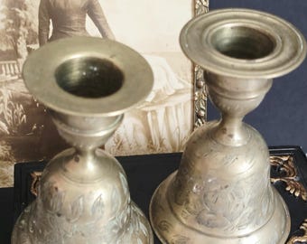 Vintage Pair Brass Candlestick holders with bells - Etched brass bells